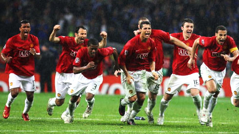 Cristiano Ronaldo and his Manchester United teammates celebrating Champions League after penalty shootout
