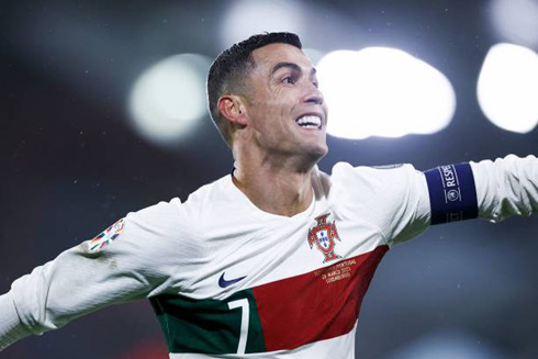Cristiano Ronaldo smiling after scoring for Portugal