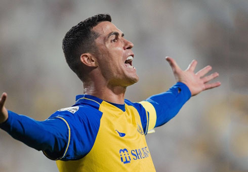 Cristiano Ronaldo complaining during a game for Al Nassr in 2023