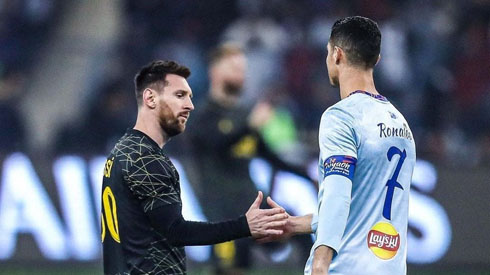 Lionel Messi and Cristiano Ronaldo meeting on the pitch in Saudi Arabia