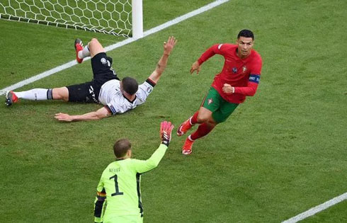 Cristiano Ronaldo scoring a goal in Portugal vs Germany