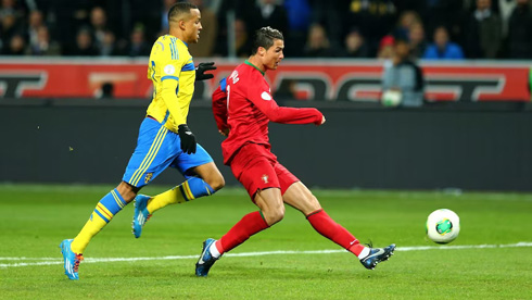 Cristiano Ronaldo scoring a goal vs Sweden in 2013