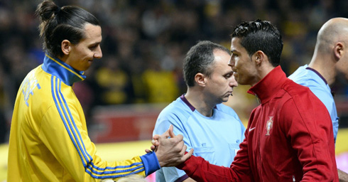 Ibrahimovic and Ronaldo touching hands before international clash