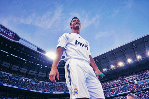 Cristiano Ronaldo in his Real Madrid presentation at the Santiago Bernabeu