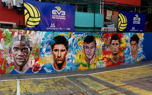 World Cup street wall with Messi, Neymar and Ronaldo paintings