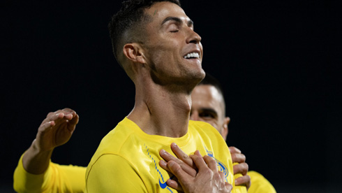 Cristiano Ronaldo being thankful after scoring a goal for Al Nassr