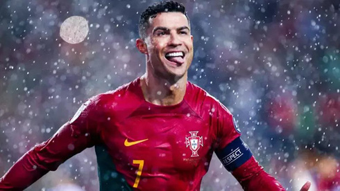 Cristiano Ronaldo playing for Portugal in the rain