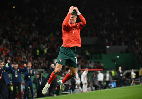 Cristiano Ronaldo trademark jump after scoring a goal