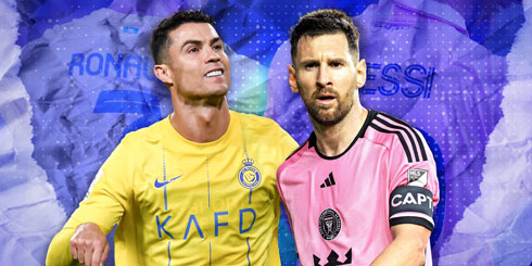 Cristiano Ronaldo and Messi with Al Nassr and Inter Miami shirts