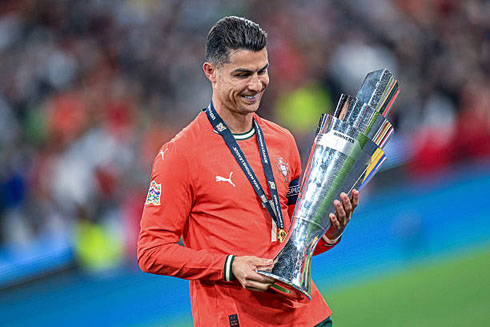 Cristiano Ronaldo holding the UEFA Nations League trophy