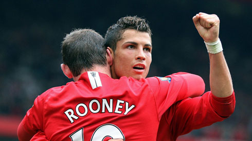 Cristiano Ronaldo hugging Rooney in Man United