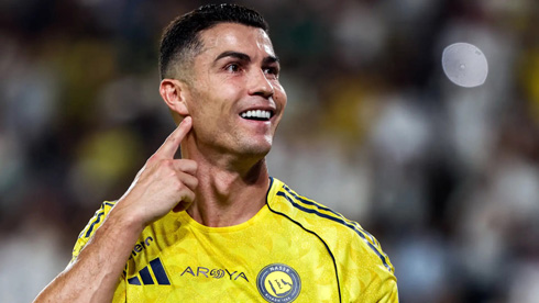 Cristiano Ronaldo pointing to his ear in Al Nassr