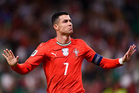 Cristiano Ronaldo reacts after scoring for Portugal in 2025