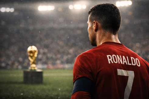 Cristiano Ronaldo looking at the World Cup trophy