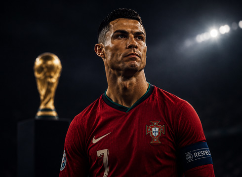 Cristiano Ronaldo and the World Cup trophy on his background