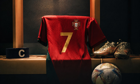 Cristiano Ronaldo and Portugal shirt number 7 next to a football