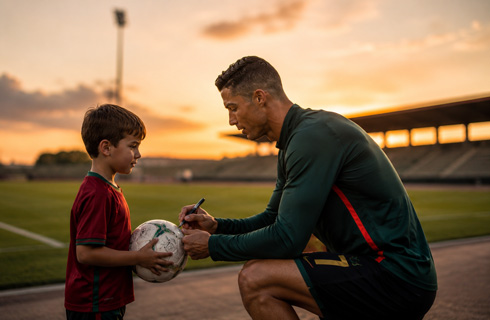 Cristiano Ronaldo signing a football to a young fan
