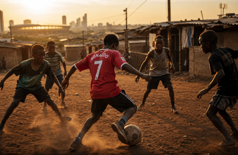 Children playing football and Ronaldo is the idol