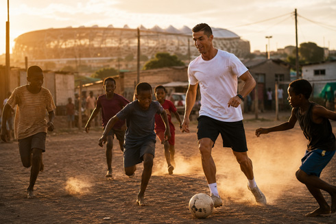 Cristiano Ronaldo playing football with poor kids