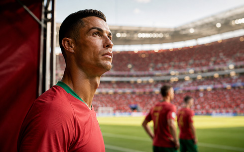 Cristiano Ronaldo waiting to step up onto the pitch