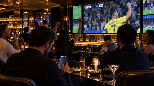 Sports fans in a bar watching Cristiano Ronaldo