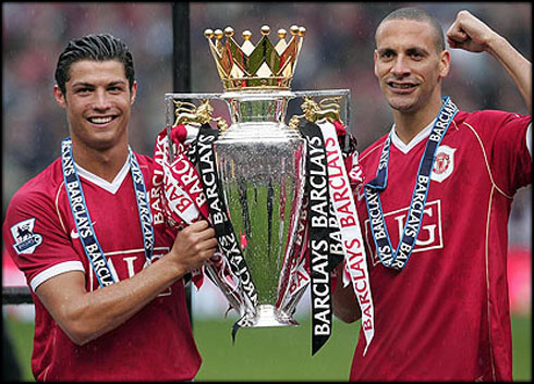 Cristiano Ronaldo and Rio Ferdinand at Old Trafford, holding the English Premier League trophy