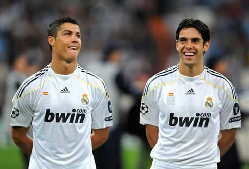 Cristiano Ronaldo and Kaká smiling during the line-up before a UEFA Champions League match