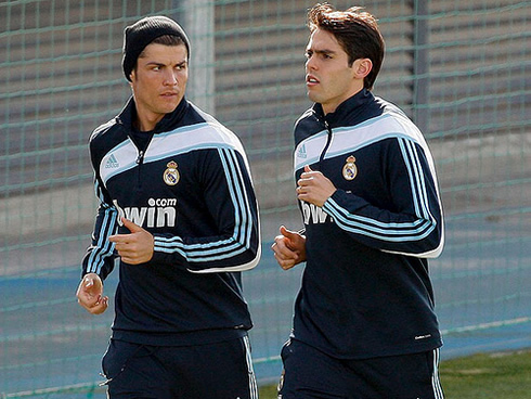 Cristiano Ronaldo in a Real Madrid practice session near Ricardo Kaká