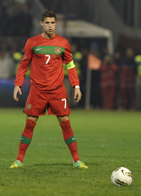 Cristiano Ronaldo in a free-kick stance, during the match against Bosnia-Herzegovina for EURO 2012 playoff