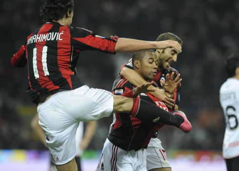 Zlatan Ibrahimovic kicking Robinho, in a karate/kung-fu/taekwondo move