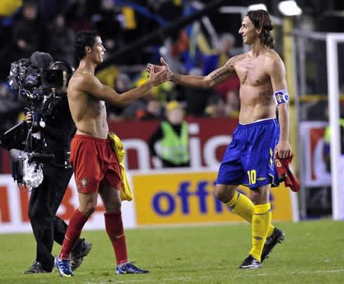 Cristiano Ronaldo and Zlatan Ibrahimovic saluting each other shirtless, after a Portugal vs Sweden clash