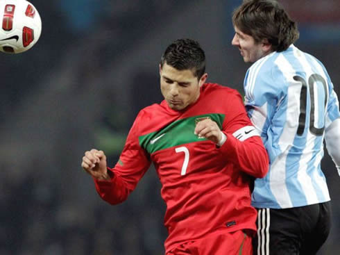 Cristiano Ronaldo and Lionel Messi, playing against each other in a Portugal vs Argentina clash