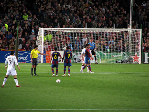 Cristiano Ronaldo free-kick in a Manchester United vs Barcelona game, for the UEFA Champions League