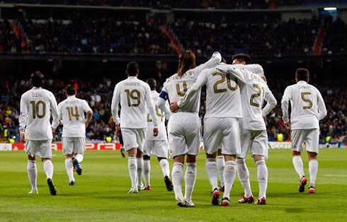 Real Madrid team players celebrating a goal against Dinamo Zagreb, in the UEFA Champions League