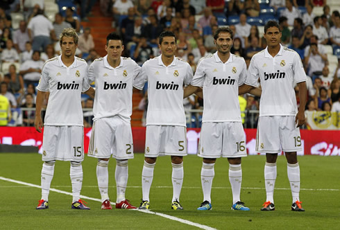 Fábio Coentrão, Callejón, Nuri Sahin, Altintop and Varane being presented at the Santiago Bernabéu, to Real Madrid fans