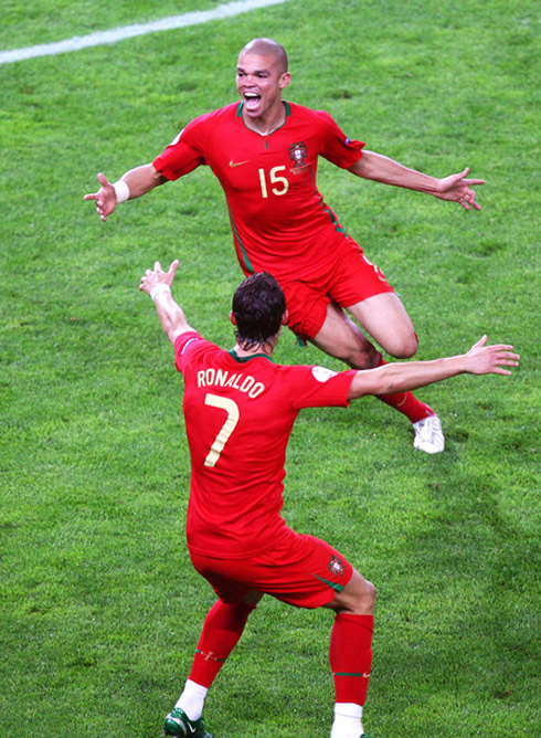 Pepe celebrating a goal with Cristiano Ronaldo in the Portuguese National Team