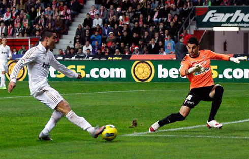 Cristiano Ronaldo scoring his goal against Sporting Gijón