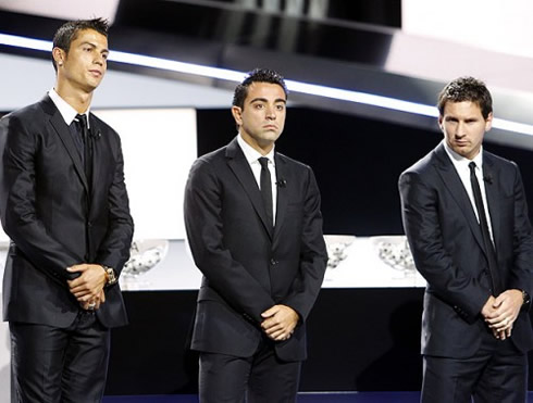 Cristiano Ronaldo, Lionel Messi and Xavi in the Balon d'Or and FIFA Best Player in the World gala photo, 2011-2012