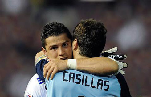 Cristiano Ronaldo hugging Iker Casillas after a Real Madrid match