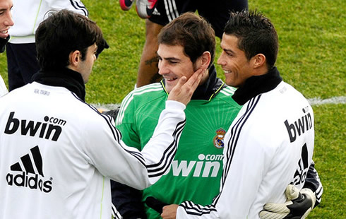Cristiano Ronaldo, Kaká and Iker Casillas in a Real Madrid training