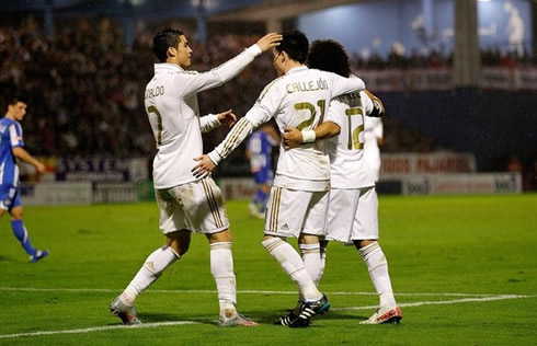 Cristiano Ronaldo joining Callejón and Marcelo goal celebrations for Real Madrid, in the Copa del Rey 2011-2012