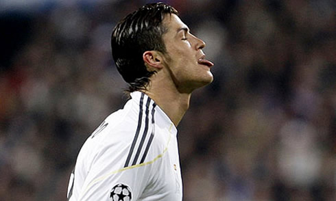 Cristiano Ronaldo biting his tong in a Real Madrid match