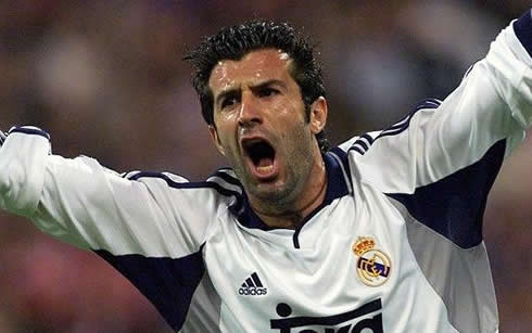 Luís Figo running and happy after scoring a goal for Real Madrid 