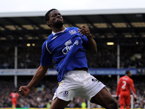 Louis Saha celebrating a goal for Everton FC, in the English Premier League