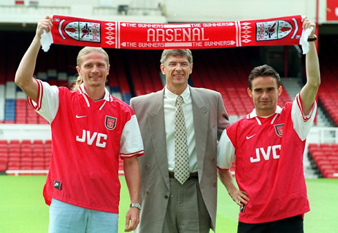 Emmanuel Petit with Arsene Wenger and Marc Overmars, being presented as Arsenal players in 1997
