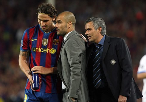 José Mourinho whispering to Pep Guardiola and Zlatan Ibrahimovic, in Barcelona vs Inter Milan