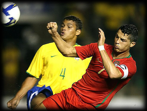Thiago Silva defending Cristiano Ronaldo