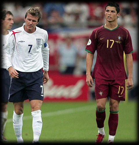 David Beckham and Cristiano Ronaldo in the match England vs Portugal in the Euro 2004