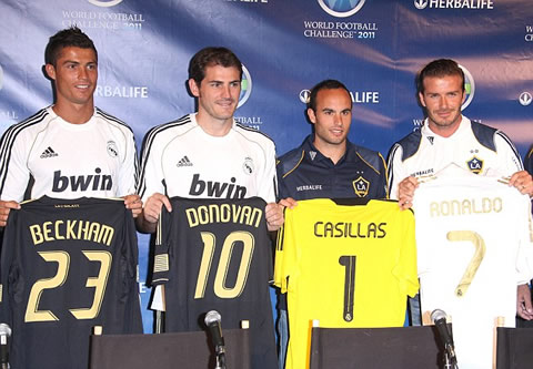 Cristiano Ronaldo, Iker Casillas, Landon Donovan and David Beckham swapping jerseys to promote Real Madrid vs L.A. Galaxy friendly match
