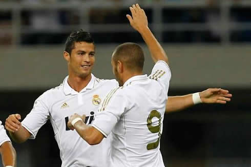 Cristiano Ronaldo celebrating with Benzema